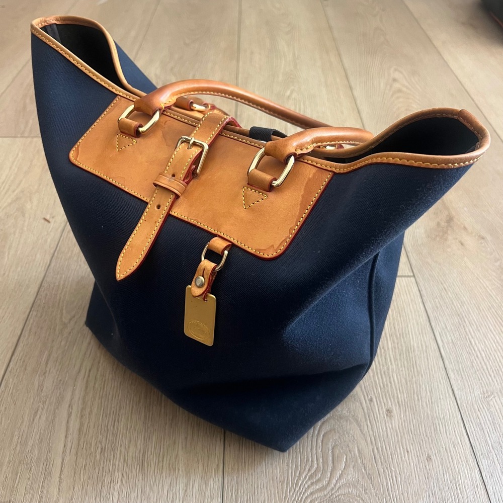 Dooney & Bourke Navy Blue Canvas Leather Trim Tote Bag Gold Hardware Shopper - Picture 4 of 16